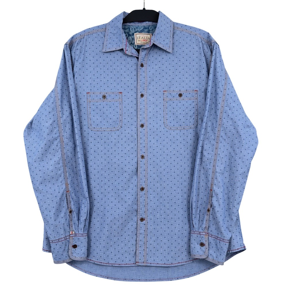 Vintage Italia Button Down Shirt Mens XL 100% Cotton Blue Star Print Long Sleeve